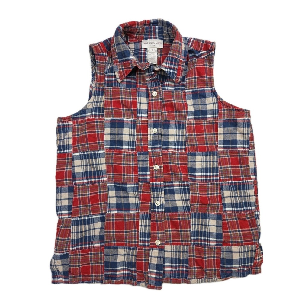 Plaid Madras Patchwork Patriotic Preppy Women's Button Sleevelss‎ Shirt Top Sz 4